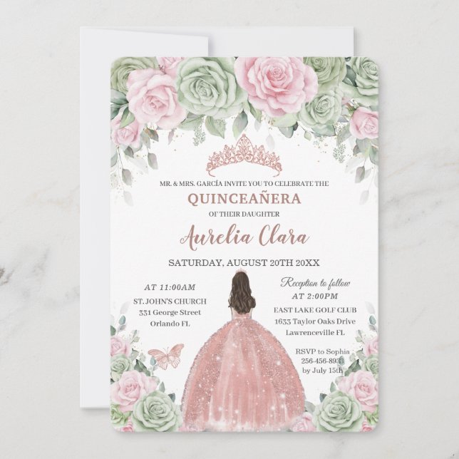 Quinceañera Sage Green Baby Pink Floral Rose Gold Invitation (Front)