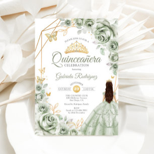 Quinceanera Sage Green Dress Floral Gold Invitation