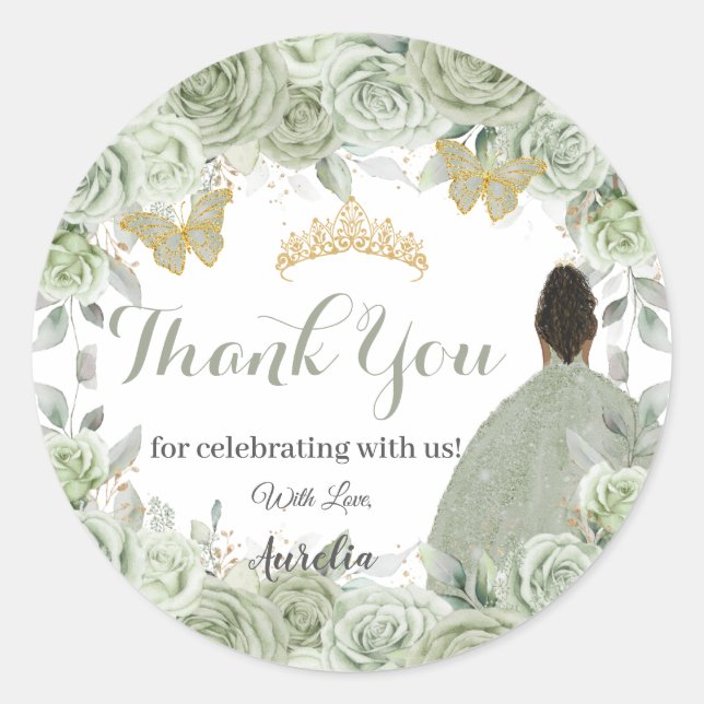 Quinceañera Sage Green Floral Brown Princess Favou Classic Round Sticker (Front)
