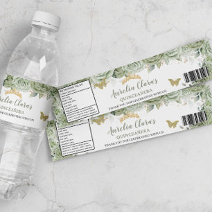 Quinceañera Sage Green Floral Butterflies Sweet 16 Water Bottle Label