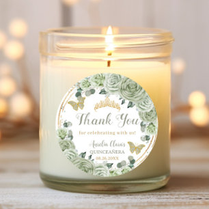 Quinceañera Sage Green Floral Gold Butterflies Classic Round Sticker