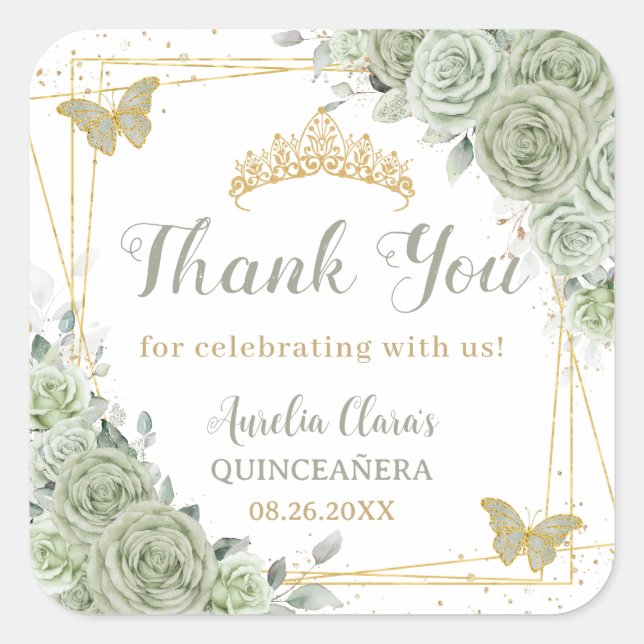 Quinceañera Sage Green Floral Gold Butterflies Square Sticker (Front)
