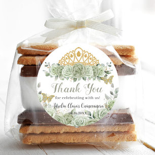 Quinceañera Sage Green Floral Gold Crown Butterfly Classic Round Sticker