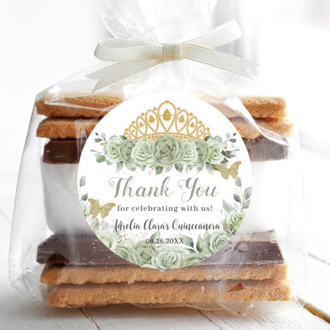 Quinceañera Sage Green Floral Gold Crown Butterfly Classic Round Sticker (Creator Uploaded)