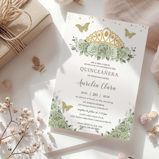 Quinceanera Sage Green Floral Gold Crown Butterfly Invitation (Creator Uploaded)