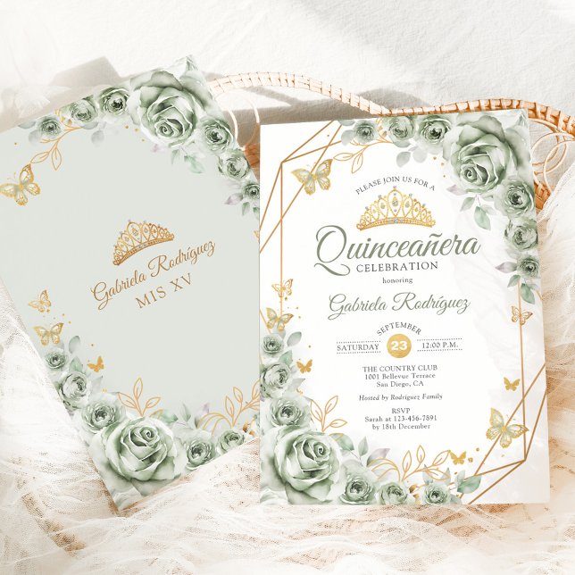 Quinceanera Sage Green Floral Gold Invitation (Creator Uploaded)