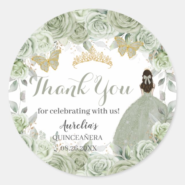Quinceañera Sage Green Floral Princess Butterflies Classic Round Sticker (Front)