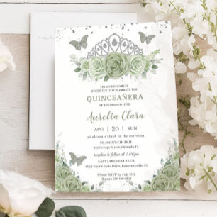 Quinceañera Sage Green Floral Roses Silver Crown Invitation