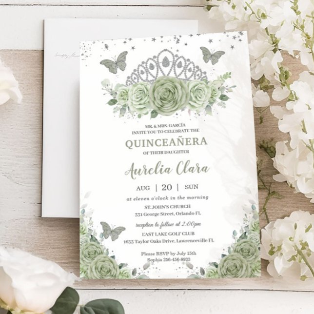 Quinceañera Sage Green Floral Roses Silver Crown Invitation (Creator Uploaded)