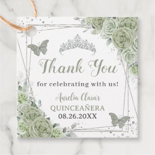 Quinceañera Sage Green Floral Silver Butterflies Favour Tags