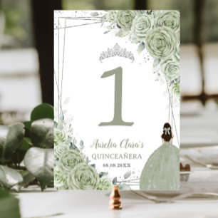 Quinceañera Sage Green Floral Silver Girl Dress Table Number