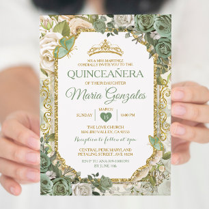 Quinceañera Sage Green & Gold Crown Butterfly Invitation