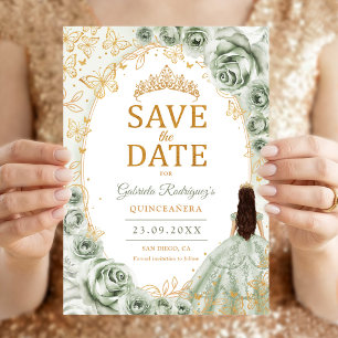 Quinceanera Sage Green Gold Floral Save The Date