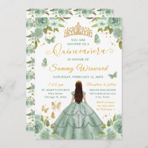 Quinceañera Sage Green Princess Brunette Girl Invitation