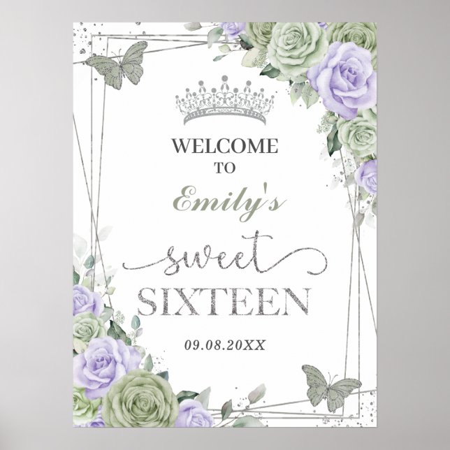 Quinceanera Sage Green Purple Floral Welcome Sign (Front)