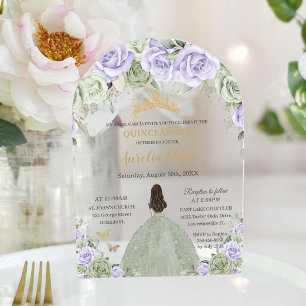Quinceañera Sage Green Purple Lilac Floral Arch Acrylic Invitations