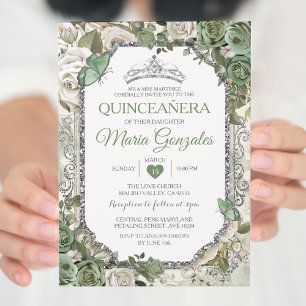 Quinceañera Sage Green & Silver Crown Butterfly Invitation