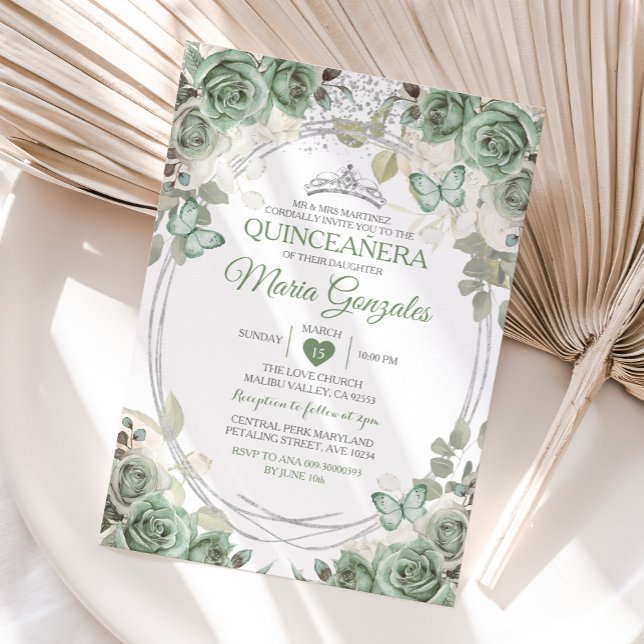 Quinceañera Sage Green & Silver Crown Butterfly Invitation (Creator Uploaded)