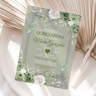 Quinceañera Sage Green Silver Crown Butterfly Invitation
