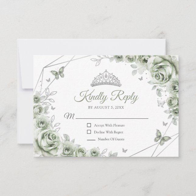 Quinceanera Sage Green Silver Floral Reply RSVP Card (Front)