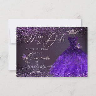 Quinceanera Save Date Butterfly Ultra Violet Gown Invitation