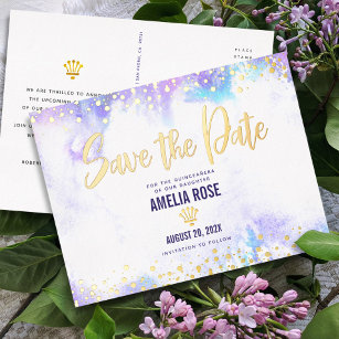 Quinceañera Save Date Purple Watercolor Real Gold Foil Invitation Postcard