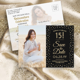 Quinceañera Save the Date 2 Photo Black and Gold Invitation Postcard