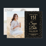 Quinceañera Save the Date 2 Photo Black and Gold Invitation Postcard<br><div class="desc">Share the joyful news of an upcoming Quinceañera celebration with chic modern 2 photo save the date postcard invitations. The pictures and all wording on this template are simple to personalise. The colours, font styles and overlay opacity can be easily customised with the Zazzle Design Editor tool. The black and...</div>