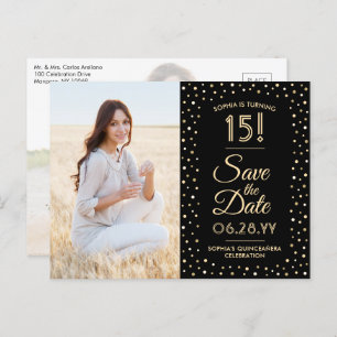 Quinceañera Save the Date 2 Photo Black and Gold Invitation Postcard