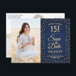 Quinceañera Save the Date 2 Photo Navy Blue & Gold Invitation Postcard<br><div class="desc">Share the joyful news of an upcoming Quinceañera celebration with chic modern 2 photo save the date postcard invitations. The pictures and all wording on this template are simple to personalise. The colours, font styles and overlay opacity can be easily customised with the Zazzle Design Editor tool. The navy blue...</div>