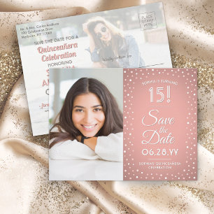 Quinceañera Save the Date 2 Photo Pink Confetti Invitation Postcard