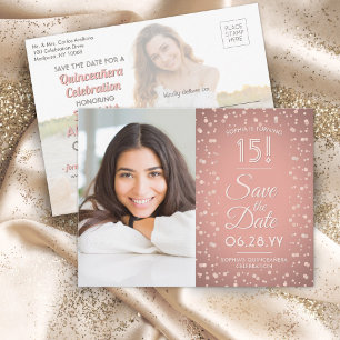 Quinceañera Save the Date 2 Photo Rose Gold Pink Invitation Postcard
