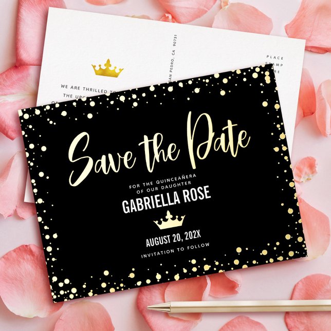 Quinceañera Save the Date Black Crown Real Gold Foil Invitation Postcard (Creator Uploaded)