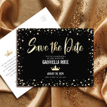 Quinceañera Save the Date Black Gold Glitter Crown Invitation Postcard<br><div class="desc">Make sure all your friends and relatives will be able to celebrate your daughter’s milestone Quinceañera! Send out this stunning, modern, personalised “save the date” announcement postcard for your event. Sparkly gold faux foil calligraphy script, crown, and tiny confetti glitter dots, along with white sans serif typography, overlay a dramatic...</div>