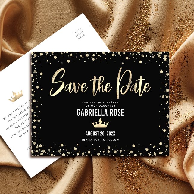 Quinceañera Save the Date Black Gold Glitter Crown Invitation Postcard (Creator Uploaded)