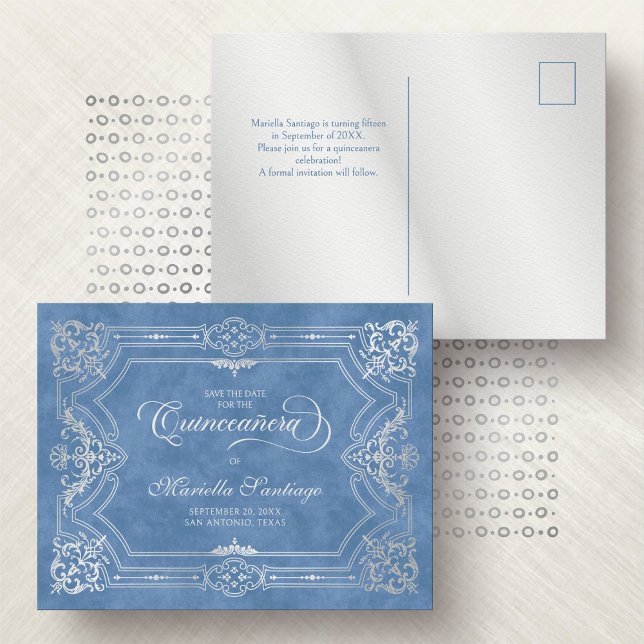 Quinceanera Save the Date Blue Postcard (Creator Uploaded)