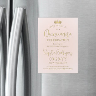 Quinceañera Save the Date Blush Pink & Gold Crown Magnetic Invitation