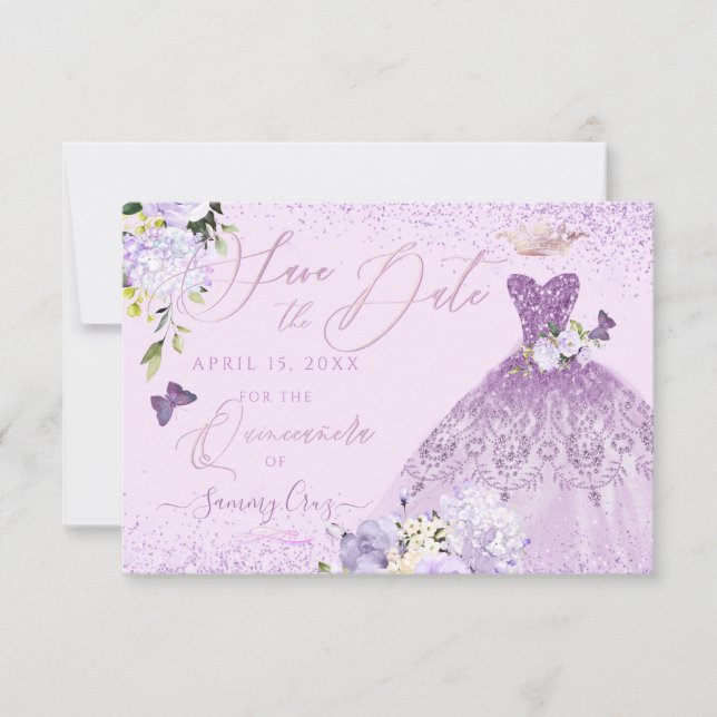 Quinceanera Save the Date Dusty Purple Gown  Invitation (Front)