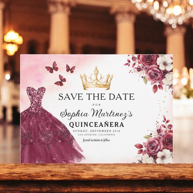 Quinceanera Save the Date Floral Burgundy  (Creator Uploaded)