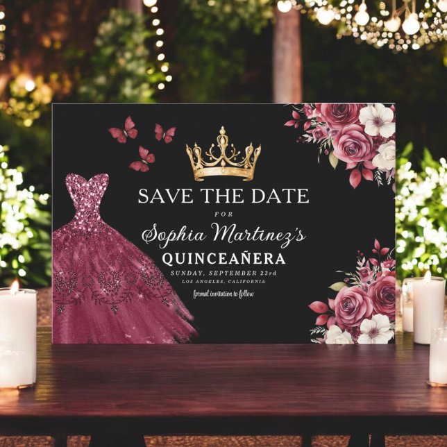 Quinceanera Save the Date Floral Burgundy  (Creator Uploaded)