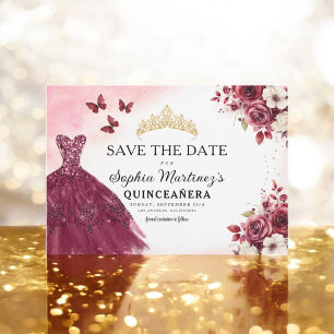 Quinceanera Save the Date Floral Burgundy 
