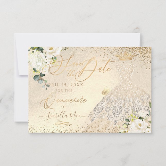 Quinceanera Save the Date Gold Faux Glitter Gown I Invitation (Front)
