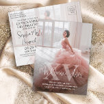 Quinceañera Save the Date Modern Photo Mis XV Años Announcement Postcard<br><div class="desc">Share the joyful news of an upcoming Quinceañera celebration with chic modern 2 photo save the date postcard invitations. The pictures and all wording on this template are simple to personalise. The colours and font styles can be easily customised with the Zazzle Design Editor tool. The unique minimalist overlay design...</div>