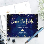 Quinceañera Save the Date Navy Gold Glitter Crown Invitation Postcard<br><div class="desc">Make sure all your friends and relatives will be able to celebrate your daughter’s milestone Quinceañera! Send out this stunning, modern, personalised “save the date” announcement postcard for your event. Sparkly gold faux foil calligraphy script, crown, and tiny confetti glitter dots, along with white sans serif typography, overlay a dramatic...</div>