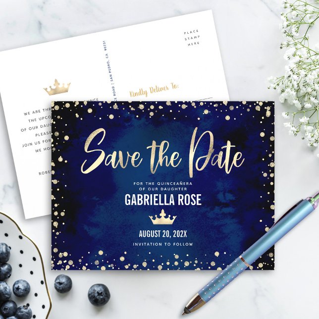 Quinceañera Save the Date Navy Gold Glitter Crown Invitation Postcard (Creator Uploaded)