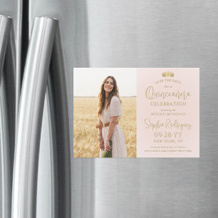 Quinceañera Save the Date Photo Blush Pink & Gold Magnetic Invitation