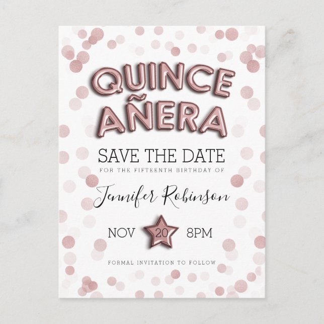 Quinceanera Save The Date Rose Gold Balloons Announcement Postcard (Front)