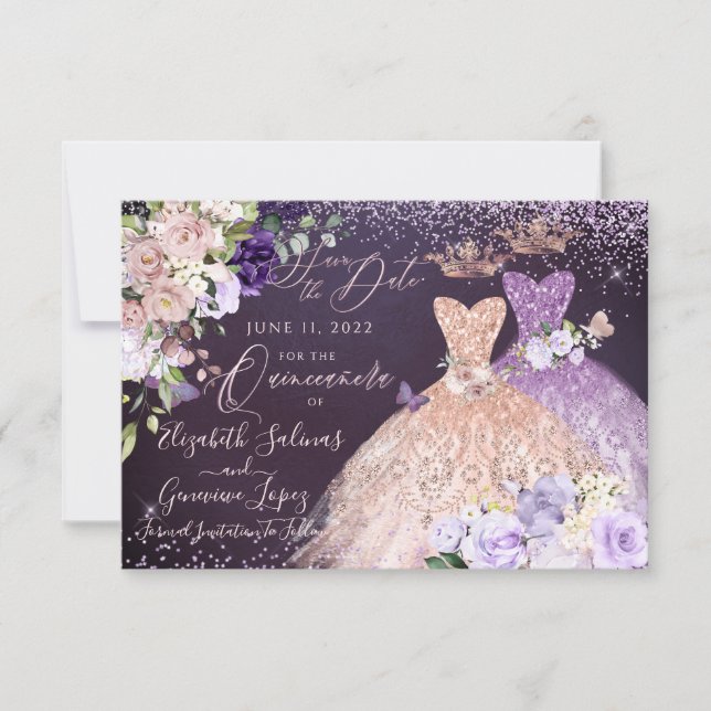 Quinceanera Save the Date Rose Gold Dusty Purple Invitation (Front)