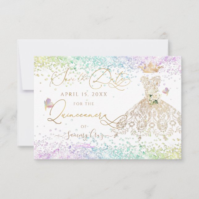 Quinceanera Save the Date White Gold Dress Invitat Invitation (Front)