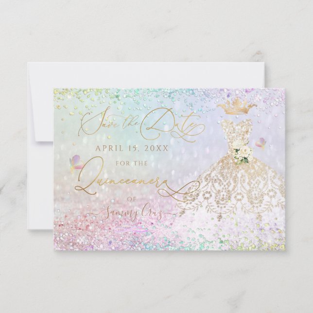Quinceanera Save the Date White Gold Dress Invitation (Front)